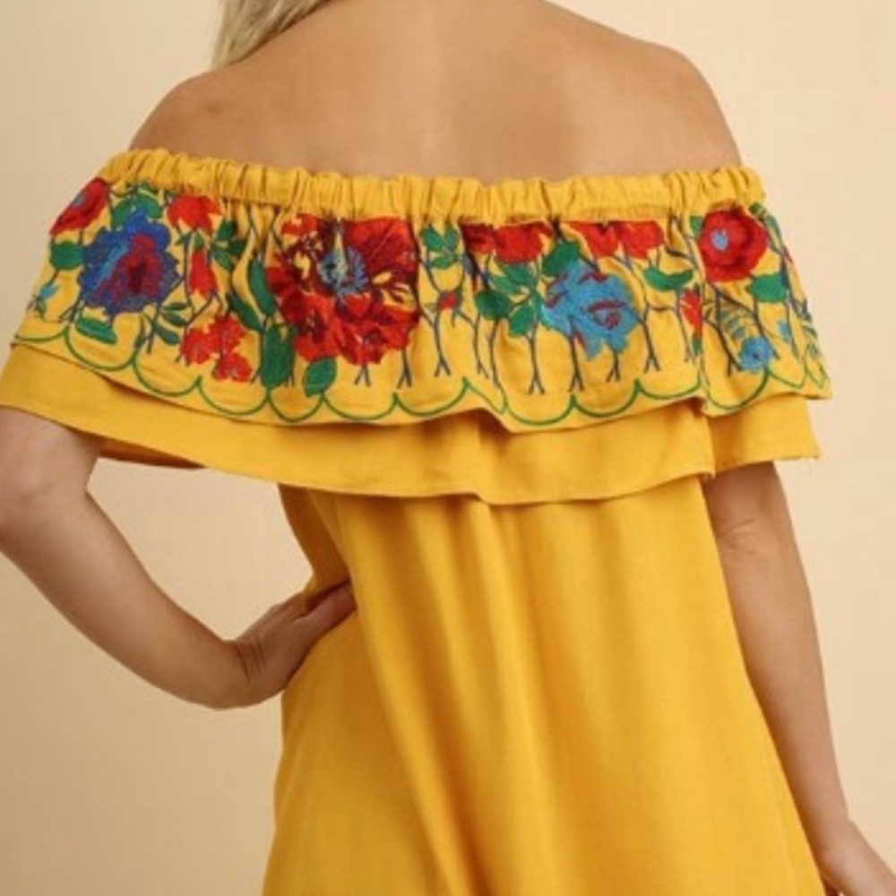 Umgee Mango Embroidered Ruffle Off Shoulder Dress - Picture 2 of 7